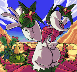 ambiguous_gender andromorph anthro butt cloud colored_nails desert detailed_background duo female flower fur gradient_background green_body green_fur green_skin hair intersex intersex/male leaf male male/female mask mountain nails plant ponytail pyramid rear_view sand scarf simple_background sky sun tail thick_thighs nahmona_ds nintendo pokemon background_character fan_character felid feline generation_5_pokemon generation_9_pokemon humanoid mammal maractus meowscarada pokemon_(species) absurd_res hi_res