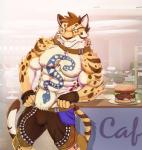 abs anthro biceps bulge clothed clothing countershading fur male muscular muscular_anthro muscular_male restaurant solo spots tattoo topless cuson nekojishi studio_klondike likulau clouded_leopard felid mammal pantherine 2018 hi_res