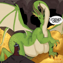 2_horns ambiguous_gender anthro armor belly big_belly big_breasts big_butt breasts butt cape cave claws clothing coin dialogue duo featureless_breasts female fin gold_(metal) gold_coin head_fin horn huge_breasts huge_butt human_on_anthro interspecies knight larger_anthro larger_female lay_the_dragon long_horn long_neck macro_female membrane_(anatomy) membranous_wings overweight overweight_anthro overweight_female plate_armor size_difference text treasure_hoard warrior wings espectro111222 european_mythology mythology dragon human mammal mythological_creature mythological_scalie scalie western_dragon 1:1 spanish_text translated