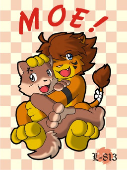 anthro brown_body brown_fur chibi cute_fangs duo fangs fur hug kemono male one_eye_closed sitting teeth text wink young young_anthro l-813 canid canine canis domestic_dog felid lion mammal pantherine 2007 3:4 low_res