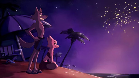 anthro beach bra breasts canon_couple clothed clothing duo female fireworks flip_flops footwear fur holidays male male/female night orange_body orange_fur outside palm_tree plant romantic romantic_ambiance romantic_couple romantic_night sand sandals shirt shoes sky smile sports_bra star starry_sky swimming_trunks swimwear tank_top topless topwear tree underwear watching_fireworks daniel_m_tal 4th_of_july dreamworks the_bad_guys diane_foxington mr._wolf_(the_bad_guys) canid canine canis fox mammal wolf 16:9 2d_animation animated digital_media_(artwork) long_playtime official_art sound video widescreen