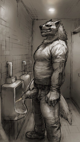 anthro bathroom biceps big_muscles biped black_nose bodily_fluids claws clothed clothing detailed_background erection fangs footwear fur genital_fluids genitals humanoid_genitalia humanoid_penis looking_at_viewer male male_peeing muscular muscular_anthro muscular_male peeing penis shoes smile solo standing teeth urinal urine urine_stream watersports ekumaru mythology canid canine canis mammal mythological_canine mythological_creature werecanid werecanine werecreature werewolf wolf 2017 digital_media_(artwork)