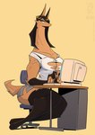 anthro biped bottomwear breasts brown_body brown_fur button_(fastener) chair clothed clothing computer electronics female fur furniture hair looking_at_viewer pupils shirt simple_background sitting skirt solo straining_buttons thick_thighs three-quarter_view topwear conditional_dnp jollyjack canid canine mammal