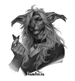 anthro bell bell_collar claws clothed clothing collar ear_tuft female finger_claws hair inner_ear_fluff long_hair looking_at_viewer purple_eyes snaggle_tooth solo tuft whisker_spots raudegil felid feline mammal 2026 absurd_res bust_portrait hi_res portrait signature