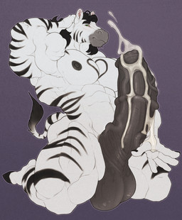 abs animal_genitalia animal_penis anthro balls barazoku big_muscles black_hair black_hooves black_markings black_nipples black_stripes bodily_fluids cum cum_on_own_penis cum_on_penis cum_on_self cumshot ejaculation equine_genitalia equine_penis fur genital_fluids genitals green_eyes grey_balls grey_penis hair hand_behind_head hooves huge_muscles kneeling male male_anthro markings mouth_closed muscular nipples nude pecs penis purple_background simple_background solo striped_arms striped_body striped_fur striped_legs stripes tail tail_tuft tuft white_body gryblak loctis equid equine mammal zebra hi_res