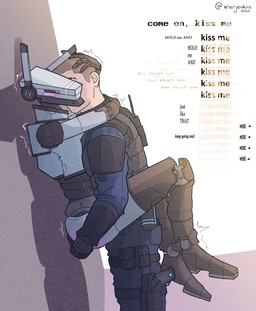 arm_around_partner armor blush blush_lines brown_hair bulletproof_vest duo female hair holding_partner holding_partner's_head kissing kissing_cheek leg_wrap lifting_partner machine male male/female police police_officer shaking simple_background text white_body warjenkins electronic_arts respawn_entertainment titanfall human humanoid mammal robot robot_humanoid spectre_(titanfall) 2025 absurd_res colored english_text hi_res signature