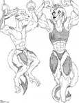 abs anthro biceps claws clenched_teeth clothing duo eye_contact female fur hair looking_at_another male muscular muscular_anthro muscular_female muscular_male panties shirt smile tank_top teeth toe_claws topwear underwear marcushunter storm_hawks chaff_(radarrq) fan_character radarr mammal 2020 hi_res monochrome signature