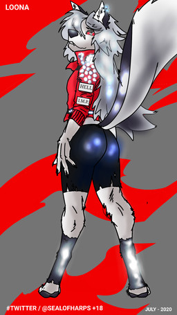 anthro bottomwear claws clothing ear_piercing ear_ring female fur hair hind_legs jacket long_hair multicolored_body multicolored_fur nails piercing red_clothing red_jacket red_sclera red_topwear ring_piercing shorts smile smiling_at_viewer solo studs toe_claws topwear torn_clothing two_tone_body two_tone_fur white_eyes harpseal hellaverse helluva_boss mythology loona_(helluva_boss) canid canid_demon canine demon hellhound mammal mythological_canine mythological_creature 9:16 hi_res