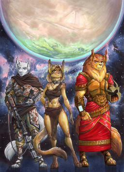 4_toes 5_fingers anthro armor biped blue_eyes brown_body brown_fur collar detailed_background ear_piercing ear_ring feet female fingers fur grey_eyes group male piercing planet ring_piercing star toes tribal tribal_clothing trio weapon white_body white_fur yellow_body yellow_fur ewgengster canid canine canis felid lion mammal pantherine wolf 2025 absurd_res book_cover cover hi_res traditional_media_(artwork)