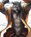 abs anthro barazoku belt biped chain clothed clothing heart_symbol looking_at_viewer male midriff nipples simple_background solo standing white_background nick300 canid canine canis mammal wolf 2011