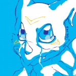 1:1 ambiguous_gender angry bandai_namco blue_eyes blue_theme cool_colors dark_clefita digimon digimon_(species) line_art low_res reptile scalie simple_background solo veemon