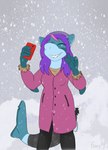 5_fingers anthro cellphone clothing electronics eyes_closed female fingers furgonomics gesture hair hand_gesture hat headgear headwear jacket membrane_(anatomy) outside phone pink_clothing pink_jacket pink_topwear purple_hair red_smartphone shark_tail shark_teeth smartphone snow snowing solo standing tail tail_clothing tail_warmer taking_picture taking_selfie toothy_smile topwear v_sign webbed_hands foxx foxxy_(foxxy-tf) fish marine shark 2024 hi_res signature trans_(lore) trans_woman_(lore)