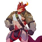 2020 abs anthro armor biceps blush bulge clothed clothing cthugha_(tas) dragon gloves handwear hi_res horn lifewonders male muscular muscular_anthro muscular_male mythological_creature mythological_scalie mythology navel nipples pecs scalie simple_background solo tail tokyo_afterschool_summoners topwear tsukigata_rossi unconvincing_armor