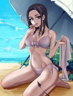 5_fingers 5_toes beach beach_umbrella belly black_eyebrows black_hair black_lips black_tail bow_(feature) breasts clothing cloud day detailed_background eyebrows feet female fingers front_view hair hand_holding jewelry kneeling lips long_hair long_tail navel necklace not_furry parasol pink_clothing pink_swimwear plant pose purple_eyes sand sea seaside seductive sky solo spade_tail swimwear tail teeth toes towel umbrella water wave sakichka vinslet human mammal vampire absurd_res hi_res pinup