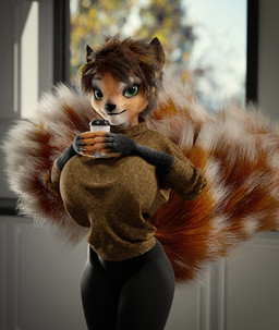beverage big_breasts big_tail bottomwear breasts clothed clothing coffee female huge_breasts kitchen pants tail yoga_pants cubikore canid canine fox mammal 3d_(artwork) character_request digital_media_(artwork) hi_res