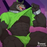 anthro big_muscles black_body black_fur bodily_fluids bulge clothing collar fur green_clothing green_eyes looking_at_viewer male muscular muscular_anthro muscular_male open_mouth saliva saliva_string sharp_teeth shirt sitting solo teeth topwear torn_clothing torn_shirt torn_topwear underwear impwitter danny_phantom nickelodeon wulf_(danny_phantom) canid canine canis mammal wolf 1:1 absurd_res hi_res