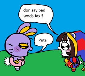 black_eyes blush brown_hair chibi clothed clothing dialogue duo eye_contact female fool's_hat fur hair hat headgear headwear jester_outfit looking_at_another male overalls overalls_only purple_body purple_fur scut_tail short_tail simple_coloring speech_bubble tail text white_body white_fur yellow_eyes melifloppy chiikawa glitch_productions the_amazing_digital_circus jax_(tadc) pomni_(tadc) cricetid hamster lagomorph leporid mammal rabbit rodent 2026 english_text full-length_portrait meme portrait