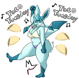 anthro big_breasts big_butt blue_body blue_eyes blue_fur bottomwear breasts butt cleavage clothed clothing dancing dipstick_tail female female_anthro fist food fur gloves_(marking) leg_markings looking_at_viewer markings musical_symbol panties pointy_ears pokemorph pseudo_hair purple_bottomwear purple_clothing shake_lines shirt slightly_chubby socks_(marking) solo symbol taco tail tail_markings tank_top thick_thighs topwear underwear white_clothing white_topwear wobbling_butt donedoggo nintendo pokemon glace_(donedoggo) eeveelution generation_4_pokemon glaceon pokemon_(species) 2026 absurd_res digital_drawing_(artwork) digital_media_(artwork) hi_res