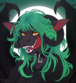 alternative_fashion anthro big_ears black_body choker clothed clothing collar ear_piercing fangs female glowing goth green_background green_hair hair horn jewelry light long_hair looking_at_viewer membrane_(anatomy) membranous_wings moon moonlight necklace open_mouth piercing pupils sharp_fangs sharp_teeth shirt simple_background sky slit_pupils smile solo t-shirt teeth tongue tongue_out topwear villainous wings yellow_eyes dcayorcus mythology dragon mythological_creature mythological_scalie reptile scalie digital_media_(artwork) flat_colors headshot_portrait hi_res portrait
