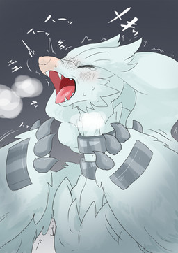 ambiguous_gender arm_feathers blush breath claws eyes_closed fangs feral fur fur_growth growth mid_transformation open_mouth sharp_teeth simple_background snout snout_growth solo sound_effects teeth text tongue tongue_out transformation yakumomidori1 mythology nintendo pokemon dragon generation_5_pokemon human legendary_pokemon mammal mythological_creature mythological_scalie pokemon_(species) reshiram scalie hi_res japanese_text