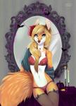 2016 anthro blonde_hair bra breasts candle canid canine clothing decoration ear_piercing female food fox fruit green_eyes hair halloween holidays jewelry lights lingerie looking_at_viewer mammal mirror navel necklace panties piercing plant pumpkin sabrena_valiche sertaa smile solo underwear