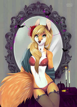 anthro blonde_hair bra breasts candle clothing decoration ear_piercing female food fruit green_eyes hair holidays jewelry lights lingerie looking_at_viewer mirror navel necklace panties piercing plant pumpkin smile solo underwear sertaa halloween sabrena_valiche canid canine fox mammal 2016