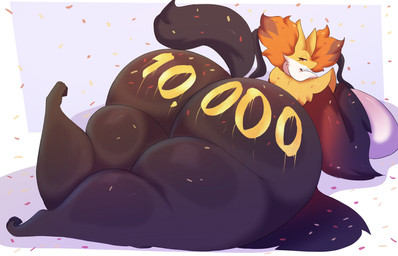 anthro big_breasts big_butt black_body black_fur black_tail breasts butt butt_focus curvy_figure feet female female_anthro fur glistening glistening_body glistening_fur half-closed_eyes huge_breasts huge_butt huge_hips huge_thighs hyper hyper_butt hyper_hips hyper_thighs looking_at_viewer looking_back lying narrowed_eyes naughty_face on_front raised_tail red_body red_fur simple_background small_feet small_head solo tail thick_thighs voluptuous voluptuous_anthro voluptuous_female white_background white_body white_fur wide_hips yellow_body yellow_fur salchikokokoko nintendo pokemon generation_9_pokemon mega_delphox mega_evolution pokemon_(species) absurd_res full-length_portrait hi_res milestone_celebration portrait