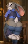 2021 3_toes anthro big_butt blurred_background buckteeth butt butt_cleavage claws clothing detailed_background digital_media_(artwork) dipstick_ears disney ear_markings feet female fur grey_body grey_fur hi_res humanoid_feet inside judy_hopps lagomorph leporid looking_back mammal multicolored_ears open_mouth paws pink_nose plantigrade police police_uniform purple_eyes rabbit signature soles solo teaselbone teeth thick_thighs toe_claws toes undersized_clothing uniform wardrobe_malfunction zootopia