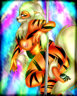 4_toes abstract_background anthro anthrofied breasts butt claws dancing feet female fluffy fluffy_tail genitals hindpaw humanoid_feet nipples nude paws plantigrade pokemorph pole pole_dancing presenting simple_background soles solo stripes tail toes vulva setsukaaiko nintendo pokemon arcanine canid canine generation_1_pokemon mammal pokemon_(species) 4:5 hi_res