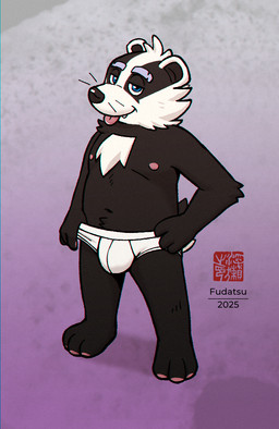 3_toes 4_fingers anthro black_body black_fur blue_eyes briefs briefs_only bulge clothed clothing eyebrows fangs feet fingers fur half-closed_eyes looking_at_viewer male narrowed_eyes navel nipples pink_nipples pink_tongue smile solo standing tail teeth text tighty_whities toes tongue tongue_out topless underwear underwear_only whiskers white_body white_briefs white_clothing white_fur white_underwear fudatsu bradley_the_badger_(game) bradley_(bradley_the_badger) badger mammal mustelid musteline 2025 artist_name dated