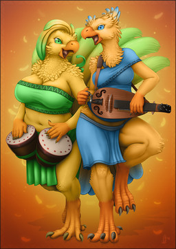 anthro avian_feet beak breast_size_difference breasts claws clothed clothing drum duo feathers female musical_instrument open_mouth percussion_instrument slightly_chubby string_instrument tongue vader-san final_fantasy square_enix avian bird chocobo hi_res
