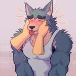 anthro armpit_hair biceps big_muscles blep blush body_hair claws clothed clothing disembodied_hand emanata eyebrows eyes_closed fur gradient_background grey_background hand_on_cheek hand_on_face heart_background heart_symbol male muscular muscular_anthro muscular_male pattern_background pecs petting shirt simple_background smile solo tank_top teeth thick_arms thick_eyebrows tongue tongue_out topwear tuft sir_arion beastars legoshi_(beastars) canid canine canis mammal wolf 1:1 2025 hi_res