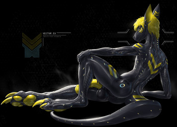 3_toes 5_fingers anthro anus balls biped blonde_hair cybernetics feet fingers genitals hair machine male pawpads penis sitting smile solo tail toes yellow_eyes yellow_pawpads yellow_penis rakisha android kangaroo macropod mammal marsupial robot 2019 digital_media_(artwork) hi_res