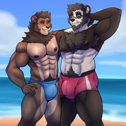 abs anthro anthro_on_anthro areola armpit_hair barazoku beach biceps big_bulge biped black_body black_fur blue_clothing blue_speedo blue_swimwear body_hair brown_body brown_fur brown_hair bulge chest_tuft clothed clothing cloud detailed_background detailed_bulge duo ear_piercing ear_ring eyes_closed fingers front_view fur hair hand_behind_head hand_on_hip humanoid_hands interspecies male male/male mane markings multicolored_body multicolored_fur muscular muscular_anthro muscular_arms muscular_legs muscular_male nipples orange_eyes outside pecs piercing pink_clothing pink_swimwear pose pubes ring_piercing scar sea sharp_teeth short_hair sky smile snaggle_tooth speedo speedo_only spots spotted_markings swimming_trunks swimwear tan_body tan_fur teeth text toothy_smile topless topless_anthro topless_male tuft two_tone_body two_tone_fur water darolion bear felid giant_panda lion mammal pantherine 1:1 2023 artist_name colored hi_res portrait shaded three-quarter_portrait