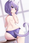 back_boob blush breasts clothed clothing female hair licking licking_lips panties purple_eyes purple_hair solo thick_thighs tongue tongue_out topless underwear 2drr hololive vtuber okayu_nekomata animal_humanoid cat_humanoid felid felid_humanoid feline feline_humanoid humanoid mammal mammal_humanoid 2022