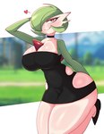 big_breasts black_clothing black_dress breasts cleavage clothed clothing dress female footwear green_hair hair licking licking_lips licking_own_lips not_furry self_lick shoes side_cutout sideless_clothing sideless_dress solo tongue tongue_out saltyxodium nintendo pokemon gardevoir generation_3_pokemon pokemon_(species) absurd_res hi_res