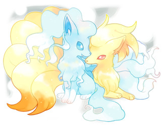 3_toes abstract_background ambiguous_gender blonde_hair blue_body blue_eyes blue_fur blue_hair blue_inner_ear dipstick_tail duo feet feral fur gloves_(marking) grey_background hair leg_markings lying markings multi_tail multicolored_body multicolored_fur multicolored_hair on_front open_mouth open_smile orange_body orange_fur orange_markings orange_tail_tip paws red_eyes simple_background sitting smile snout socks_(marking) tail tail_markings toes two_tone_body two_tone_fur two_tone_hair white_background white_body white_fur white_hair white_markings white_tail_tip yellow_body yellow_fur michi_runi nintendo pokemon alolan_form alolan_ninetales canid canine generation_1_pokemon generation_7_pokemon mammal ninetales pokemon_(species) regional_form_(pokemon) digital_media_(artwork) unavailable_at_source