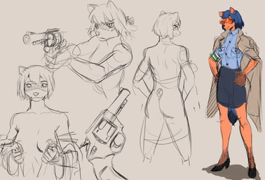 anthro blue_body blue_fur clothing dipstick_tail eyewear female footwear fur glasses grey_background gun handgun high_heels markings multicolored_tail orange_body police police_officer ranged_weapon revolver shoes simple_background solo tail tail_markings visor weapon jokoifu brand_new_animal studio_trigger michiru_kagemori canid canine mammal raccoon_dog tanuki hi_res sketch