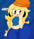 anthro blonde_hair blush bulge clothed clothing dialogue erection femboy hair hat headgear headwear long_hair male open_mouth panties simple_background solo text thick_thighs tongue topwear underwear wide_hips 3barts parappa_the_rapper sony_corporation sony_interactive_entertainment parappa parappa_the_trappa canid canine canis domestic_dog mammal digital_media_(artwork) english_text hi_res