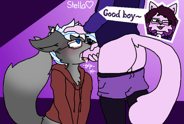 anthro bdsm bell bell_collar blue_eyes blue_hair bodily_fluids bottomwear bottomwear_down brown_hair clothed clothing collar cum cum_in_mouth cum_inside cumshot dialogue duo ejaculation eyewear fluffy fluffy_tail fur genital_fluids genitals glasses good_boy grey_body grey_fur hair hand_on_head hoodie magenta_hair male male/male multicolored_hair oral pants pants_down partially_clothed penis pet_praise petplay pink_body pink_fur praise purple_eyes roleplay tail text topwear white_hair couldbestella starry_(couldbestella) canid canine domestic_cat felid feline felis fox mammal digital_media_(artwork) signature