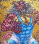 anthro asian_mythology barazoku dragon east_asian_mythology eastern_dragon fangs hair horn kemono long_hair male muscular mythological_creature mythological_scalie mythology open_mouth pecs red_body red_scales rk_maeda scales scalie sharp_teeth solo spikes tail teeth wrestling_singlet yellow_body yellow_scales