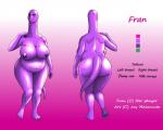 anthro big_breasts biped breasts butt curvy_figure female looking_at_viewer non-mammal_breasts nude obese obese_anthro obese_female overweight overweight_anthro overweight_female purple_body purple_skin solo tattoo text jay_malamute fran_(naoki) apatosaurus dinosaur diplodocid prehistoric_species reptile sauropod sauropodomorph scalie english_text model_sheet