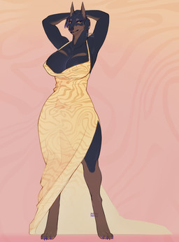 abstract_background anthro big_breasts biped breasts clothed clothing colored_nails dress ear_piercing evening_gown eyelashes female fur nails piercing purple_nails side_slit side_slit_dress slit_dress solo standing wide_hips yellow_clothing yellow_dress yellow_eyes yseeart beatrice_(the7thprimarch) canid canine canis dobermann domestic_dog mammal pinscher absurd_res digital_media_(artwork) full-length_portrait hi_res portrait