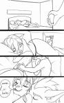 5:8 anthro bed black-kitten canid canine chad_(black-kitten) clothed clothing comic digital_drawing_(artwork) digital_media_(artwork) duo eyes_closed felid female fur furniture hair hi_res line_art lying male mammal mistaken_identity monochrome on_side sleeping standing topless underwear