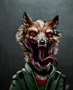 anthro ascot body_horror clothed clothing creepy_face earpiece fangs front_view fur jacket long_tongue looking_at_viewer male nightmare_fuel open_mouth scary shirt solo teeth tongue tongue_out topwear ian-exe nintendo star_fox fox_mccloud canid canine fox mammal 2026 hi_res signature