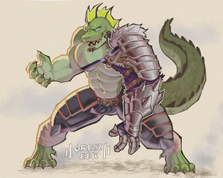 5_fingers abs anthro armor barefoot belt blue_eyes chest_scar chin_spikes clothing facial_spikes feet fighting_pose fin fingers frill_(anatomy) gauntlets gloves green_body green_scales handwear head_crest head_fin head_frill leg_armor male muscular muscular_anthro muscular_male pecs pose scales scar solo spikes spikes_(anatomy) standing tail tail_ridge text thick_tail grizzeek dungeons_and_dragons hasbro wizards_of_the_coast erenok_(kilyion) lizard lizardfolk_(dnd) lizardman reptile scalie 5:4 artist_name digital_media_(artwork) full-length_portrait portrait