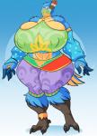 anthro avian avian_feet beak big_breasts bird black_beak blue_body blue_feathers breasts breath_of_the_wild clothed clothing countershading crossgender eye_markings feathers female gerudo_outfit hi_res huge_breasts huge_thighs hyper hyper_breasts jaeh kass_(tloz) markings mtf_crossgender multicolored_body multicolored_feathers nintendo non-mammal_breasts open_beak open_mouth orange_body orange_countershading orange_feathers rito small_head solo the_legend_of_zelda thick_thighs transformation winged_arms wings