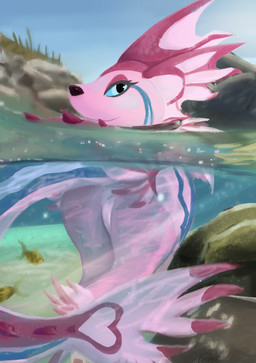 blue_eyes blue_markings bubble butt female feral fin heart_(marking) looking_at_viewer looking_back looking_back_at_viewer markings partially_submerged pink_body pond rear_view rock solo sunny underwater underwater_view water a_dusty_wolf nintendo pokemon estuary_(aquastorm2) eeveelution fish generation_1_pokemon marine pokemon_(species) vaporeon hi_res painting_(artwork)