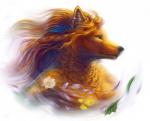 anthro blonde_hair convenient_censorship ear_piercing female flower fur hair piercing plant purple_eyes solo wind yellow_body yellow_fur faellin amber_wind_(character) canid canine canis mammal wolf bust_portrait portrait