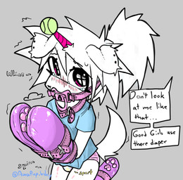ambiguous_gender anthro arms_in_front arms_tied arms_together ball blue_clothing blue_shirt blue_t-shirt blue_topwear blush blush_lines bodily_fluids bondage_gear bondage_gloves bound clothed clothing collar dialogue diaper duo ear_piercing exposed_diaper female floppy_ears folded_ears fur gag genital_fluids grey_background hair handwear horn lock_symbol looking_at_another offscreen_character onomatopoeia pacifier pacifier_gag piercing pink_collar pink_eyes pink_horn ponytail shirt simple_background sound_effects speech_bubble t-shirt tail tears tennis_ball tennis_ball_on_horn text topwear unclean_diaper unicorn_horn urine used_diaper using_diaper wearing_diaper wet_diaper wetting wetting_diaper white_body white_fur white_hair white_tail young young_anthro young_female anxipup unicorn_puppie_(anxipup) canid canine mammal english_text signature
